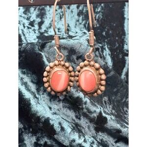 Sterling Silver Drop Earrings Coral Cat Eye Stone Dangle Boho Statement